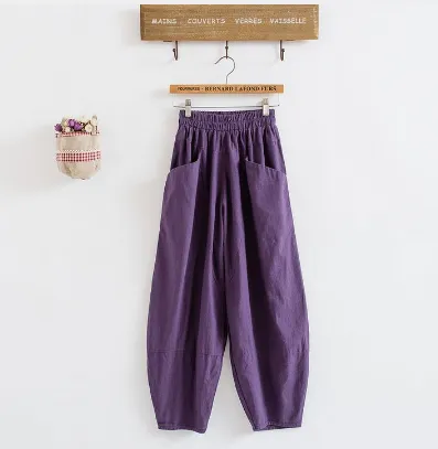 Lantern pants, versatile elastic waist, cotton and linen women's casual pants Purple - Shop at LoveMi