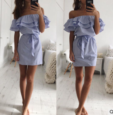 Strapless women's lotus leaf sleeve striped dress