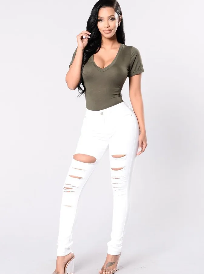 New casual sexy jeans woman cotton denim trousers slim mid waist ripped holes pencil pants cowboy jeans femme - White