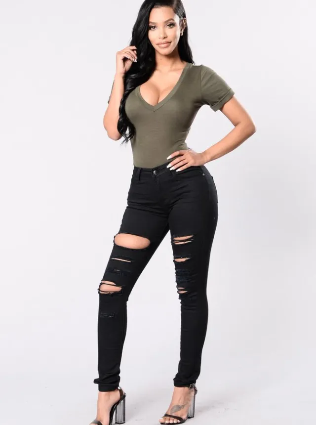 New casual sexy jeans woman cotton denim trousers slim mid waist ripped holes pencil pants cowboy jeans femme Black - Shop at LoveMi