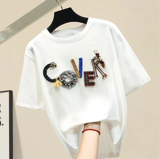 Heavy Industry Three dimensional Letter Beads With Cotton Personality Loose Short sleeved Round Neck White - Shop at LoveMi