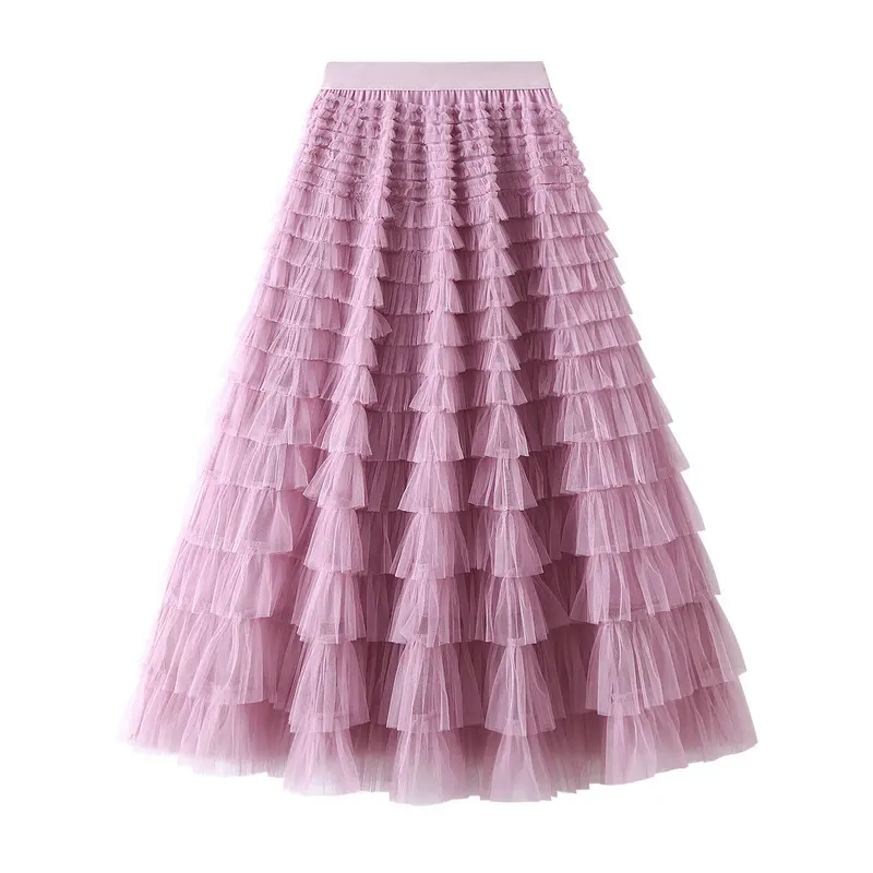 A-Line Mesh Ruffle Skirt Women's Temperament Sweet Long Slim