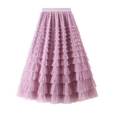 A-Line Mesh Ruffle Skirt Women's Temperament Sweet Long Slim