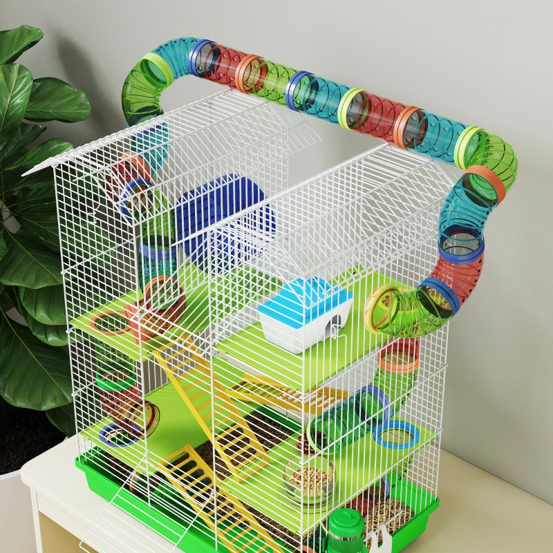PawHut 5 Tier Hamster Cage With Tubes And Tunnels, Small Animal Cage, Rat Gerbil Cage With Water Bottle, Food Dish, Exercise Wheel, Green