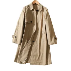 Women's Loose Drop-shoulder Long-sleeved Oblique Pocket Cotton Long Coat - Khaki - View 1