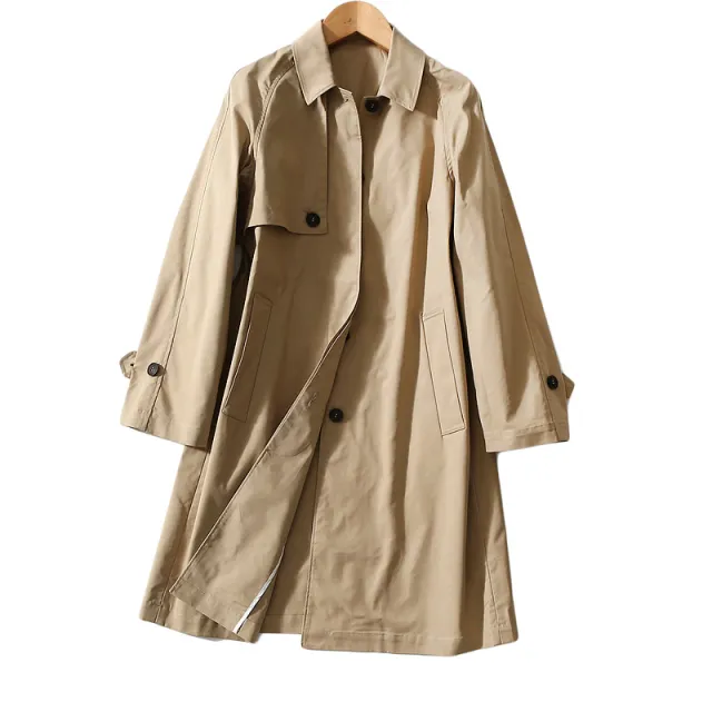 Women's Loose Drop shoulder Long sleeved Oblique Pocket Cotton Long Coat Khaki - Shop at LoveMi