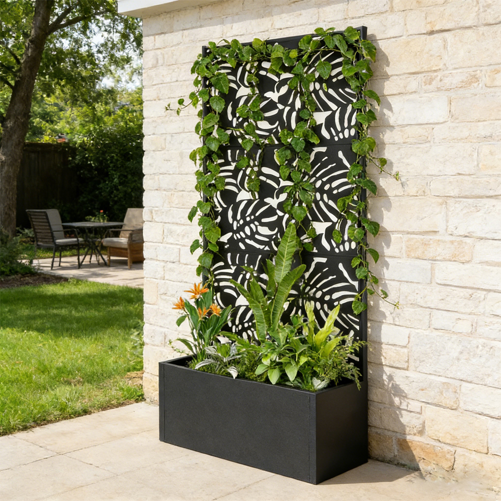 Metal Planter Box With Trellis, 71'' Tall Raised Garden Bed With Privacy Screen And Drainage Holes, Banana-Leaf Cut-Outs, Tiktok Sales Prohibited