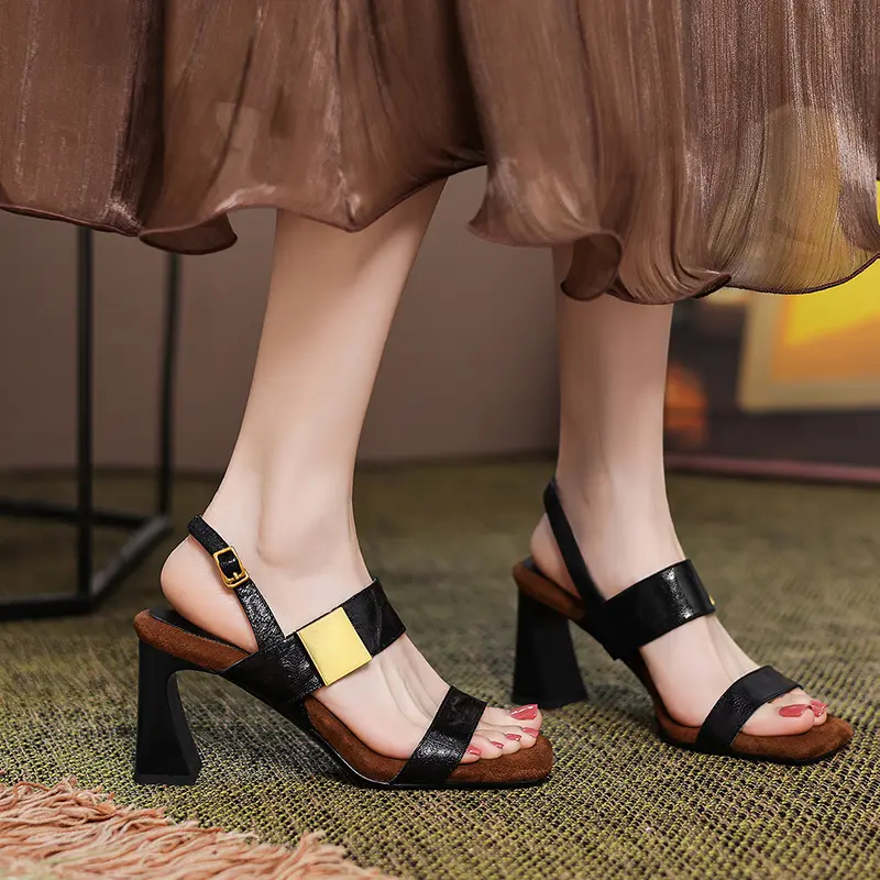 Women's Handmade Full-Grain Sheepskin Block Heel Sandals, Square-Toe Slingback Heels With Pigskin Lining & Non-Slip TPR Sole