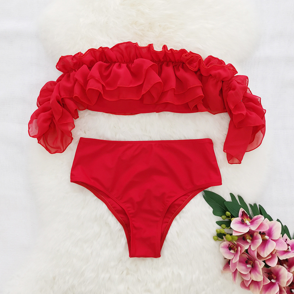 Title 5, Ruffled High Waist Bikini Solid Color One Shoul...