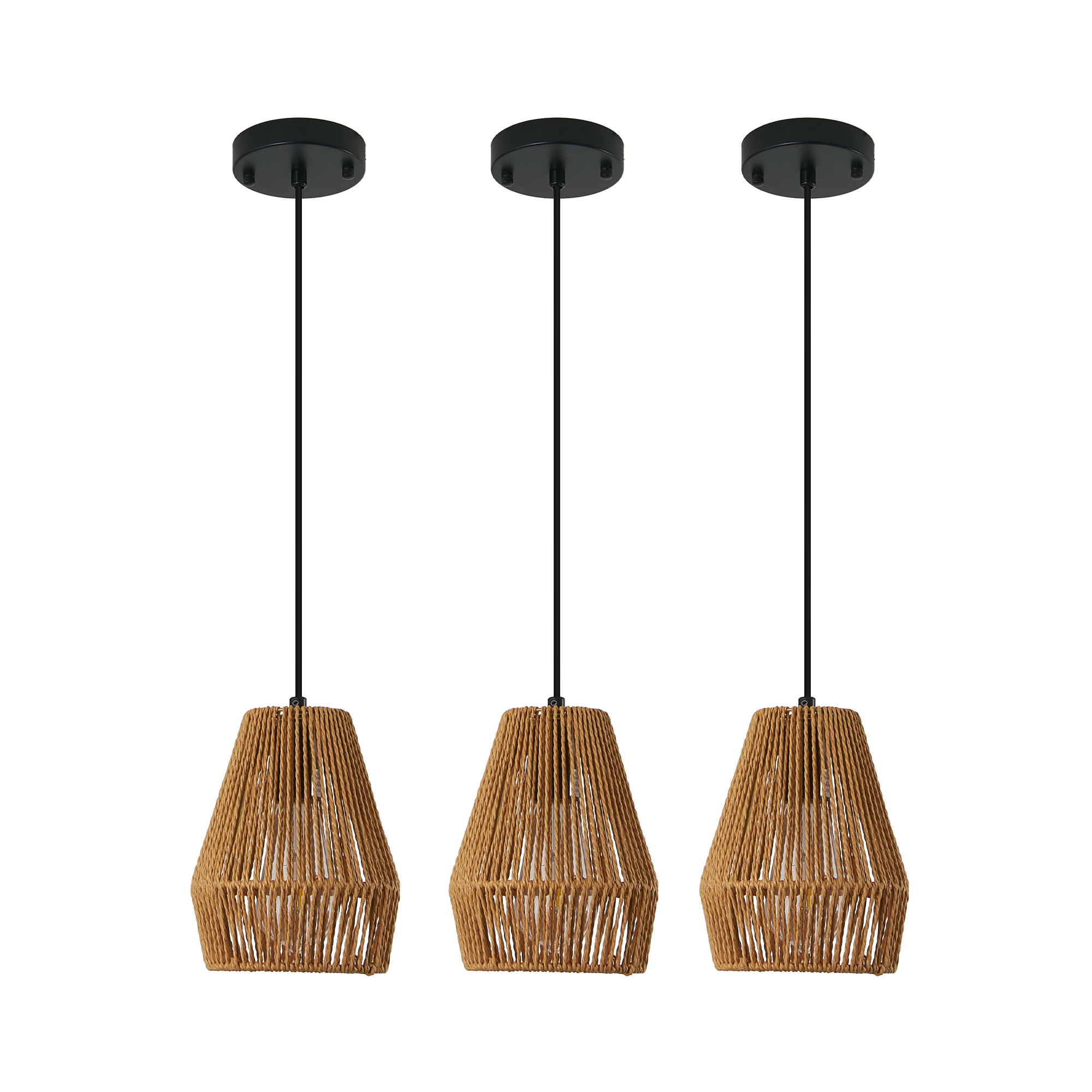 7inch Set Of 3 Rustic Hemp Rope Pendant Light, Handcrafted Farmhouse Hanging Light Fixture, Adjustable Height Ceiling Lamp For Kitchen Island, Dining Room,Or Living Room, Natural Woven Design