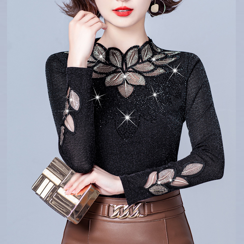 Lace Bottoming Shirt Mesh Rhinestone Long Sleeve Silver Fox Velvet Leaf shaped Flowers Small Shirt Black - Shop at LoveMi