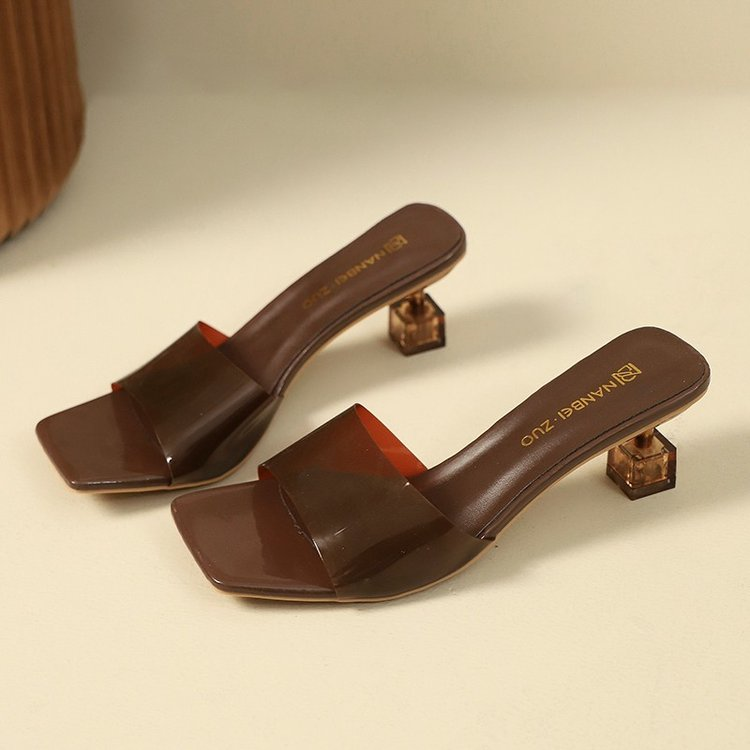 French Style Crystal Thin Heel Square Toe One-Strap Sandals For Women, New Transparent High Heel Slide Sandals Outdoor Wear