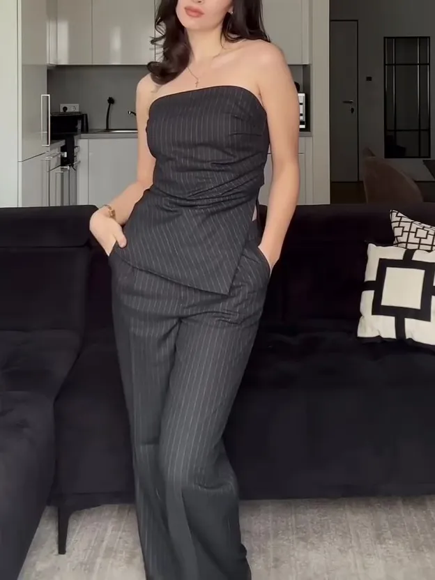 Striped Tube Top & High Waist Pants Set Stripe - Shop at LoveMi