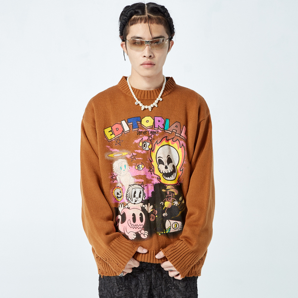 Cartoon Graffiti Printed Sweater Men's Loose Round Neck Sweater