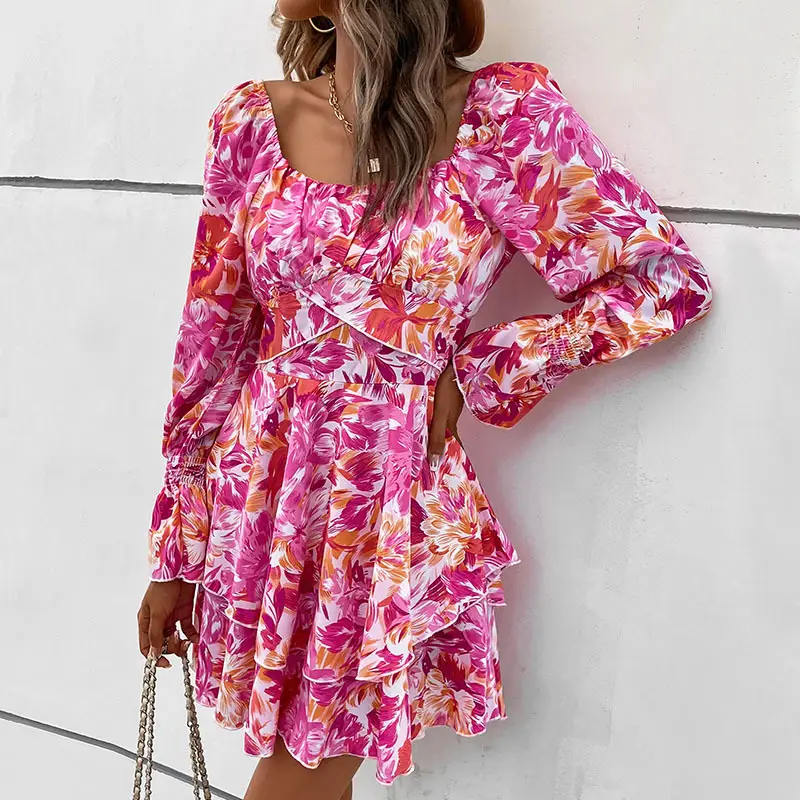 Women's Square Collar Printed Ruffles Backless Dress