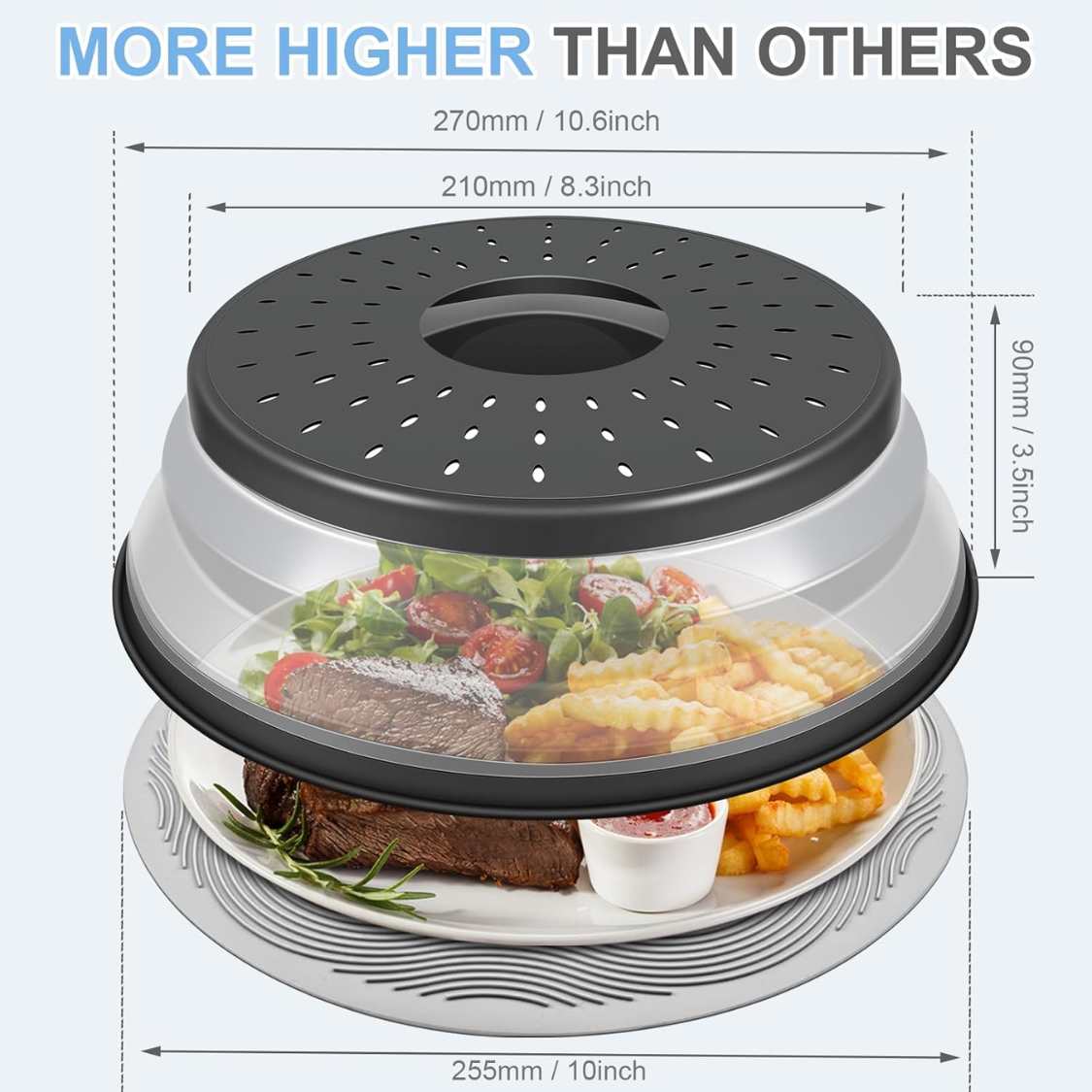 10 Inch Microwave Food Cover & Collapsible Silicone Mat - Splatter Guard, Plate Holder & Kitchen Colander For Meal Prep, Charcoal 4