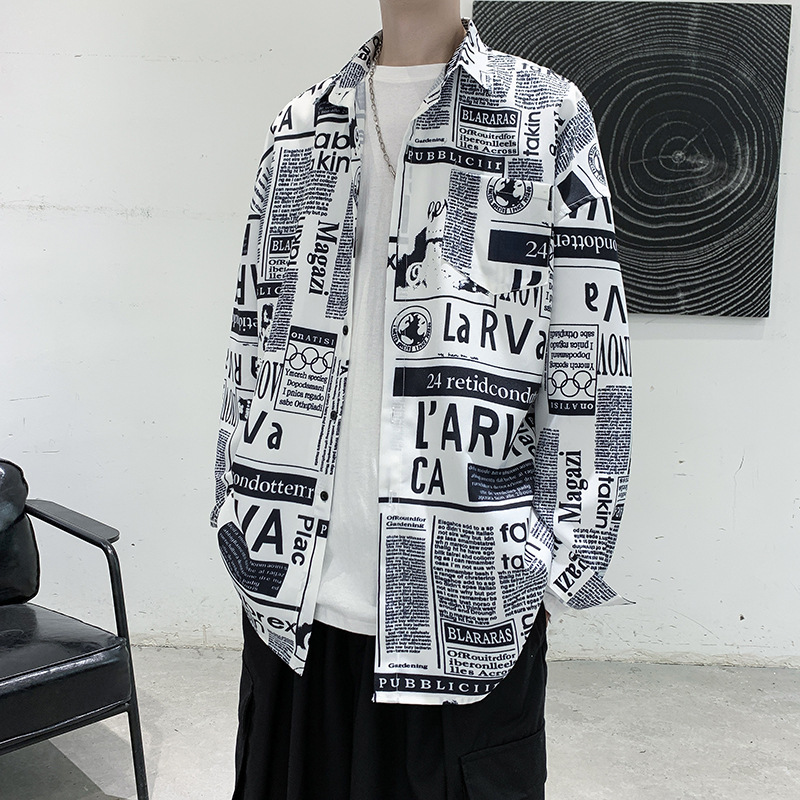 Men's Newspaper Graffiti Print Long-sleeved Shirt