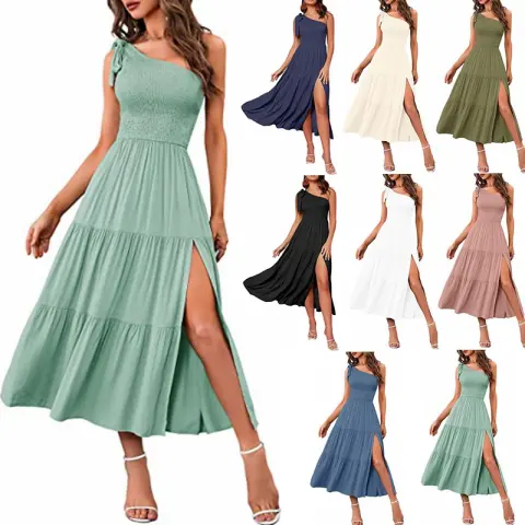 New Summer Fashion Women's One-shoulder Pleated Layered Hem Split