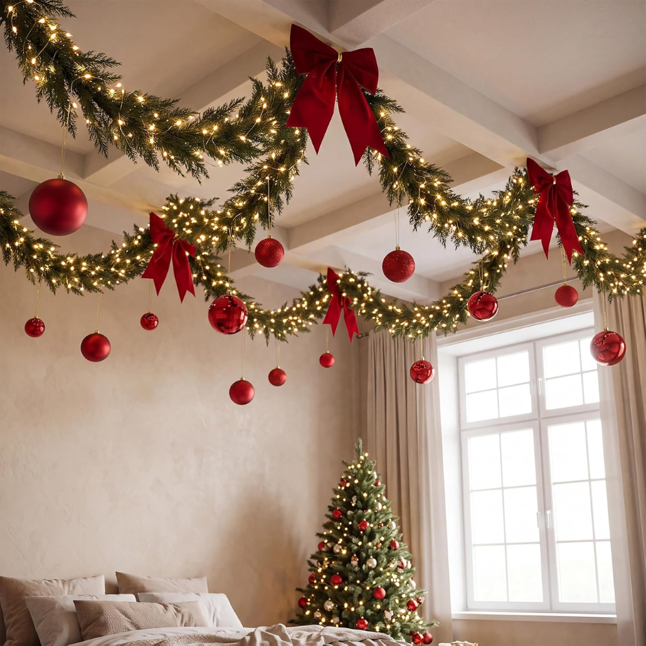 161 Pcs Christmas Hallway Ceiling Decor Kit, LED Lights Garland Includes Red Baubles, Bows, Army Green Garland, Warm White Leds With Hooks, Xmas 2