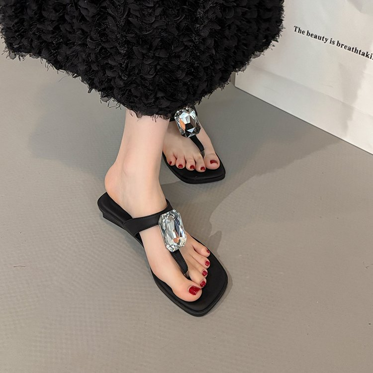 Oversized Crystal, Square Toe, Thong Sandals, French Glam, Low Block Heel, Slides thumbnail 3