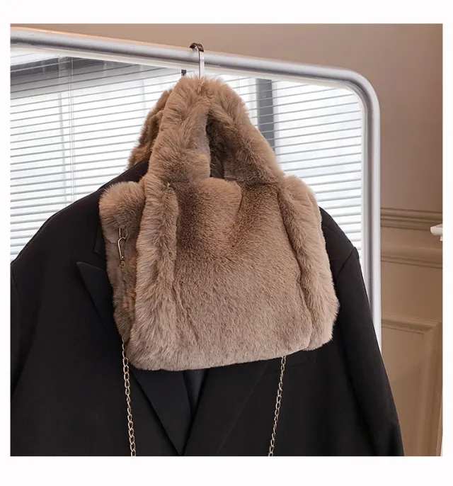 Winter Bags Chain Plush Handbag Totes Women Shoulder Bag Khaki - Shop at LoveMi