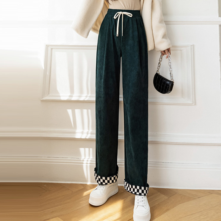 Women's Casual Wide leg Pants Plaid Stitching Corduroy Green - Shop at LoveMi