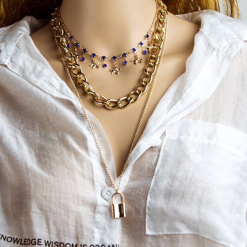 Retro Micro Diamond Starfish Punk Necklace Personality Geometric Lock Copper Bead Three-layer Necklace