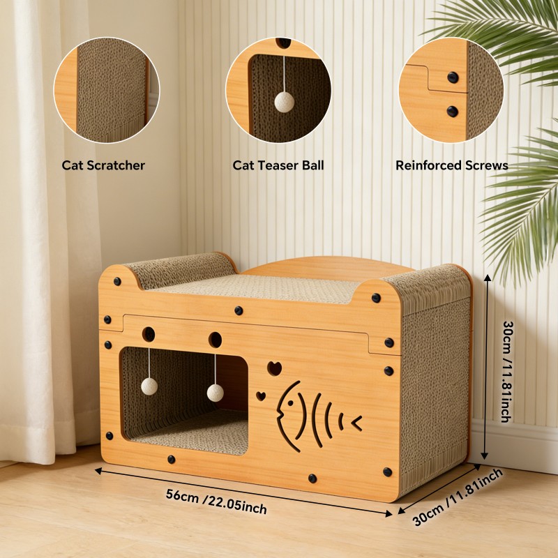 56cm Bubble Fish Shape Cat Scratcher Sofa, With 2 Teaser Balls, Wood -Corrugated Scratcher, Cat Claw Care - Resting Toy