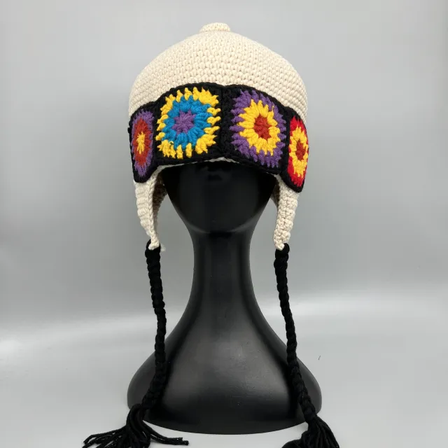 Ethnic Hand Made Flower Knitted Pot Hat Female Beige - Shop at LoveMi