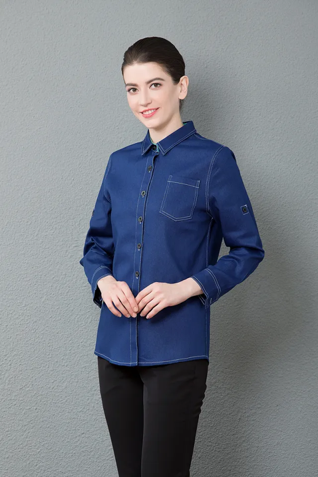 High end Jeans Chenyi Restaurant Hot Pot Catering Waiter Womens Blue Long Sleeves - Shop at LoveMi