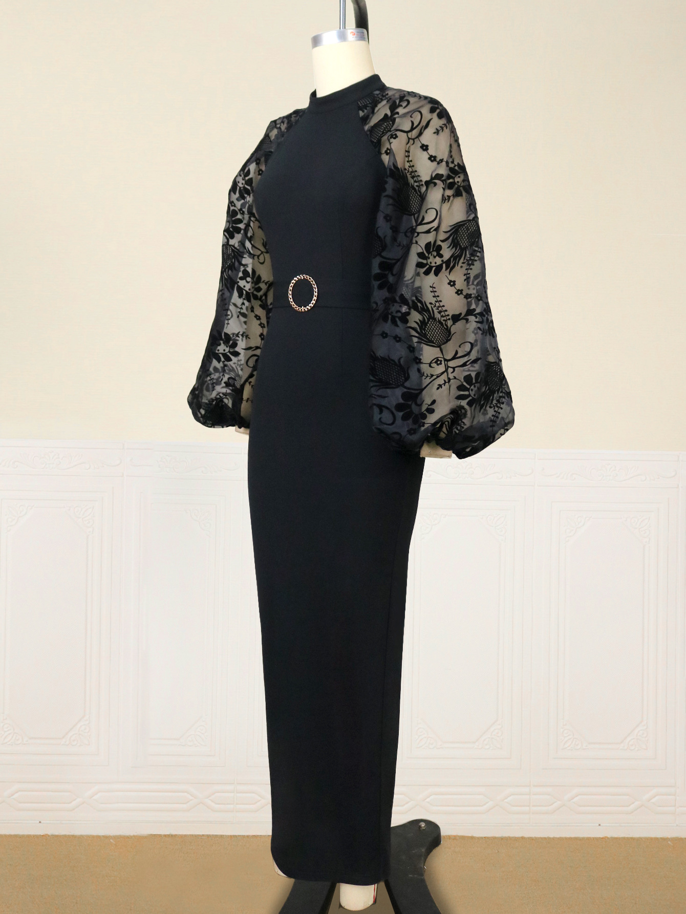 Small Stand Collar Lace Lantern Sleeve Dress