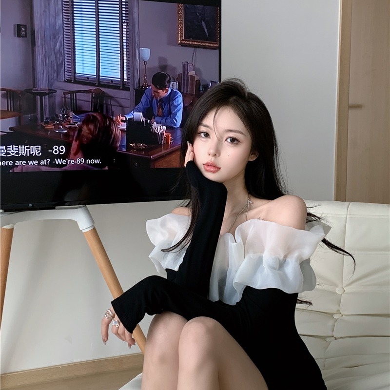 Mesh Stitching Slim Fit One-neck Dress