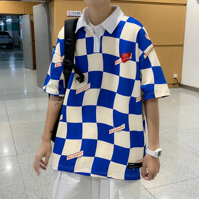 Retro Check Color Matching POLO Collar Short Sleeves Blue - Shop at LoveMi