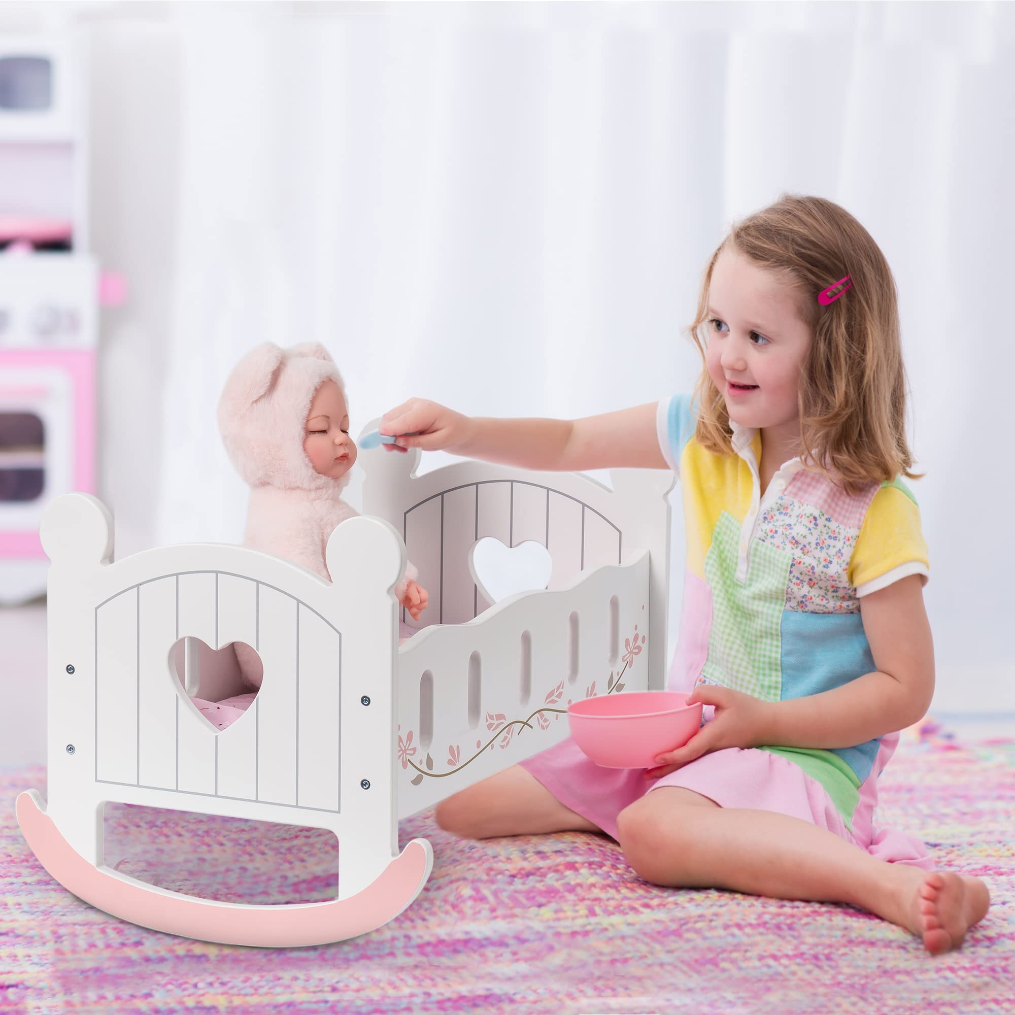 wooden doll cradle rocking baby doll crib reversible doll bed for dolls girl fits dolls up to 18 inches