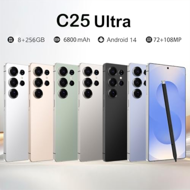 C25 Ultra Unlocked Phone,5G Smartphone 8GB 256GB 7.3-inch Android 14 Cell Phone 6800mAh Large Battery Dual SIM Face GPS