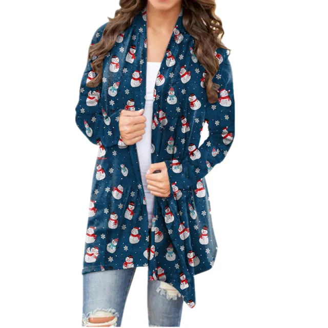 Christmas Printed Casual Long sleeved Cardigan Women Navy Blue - Shop at LoveMi