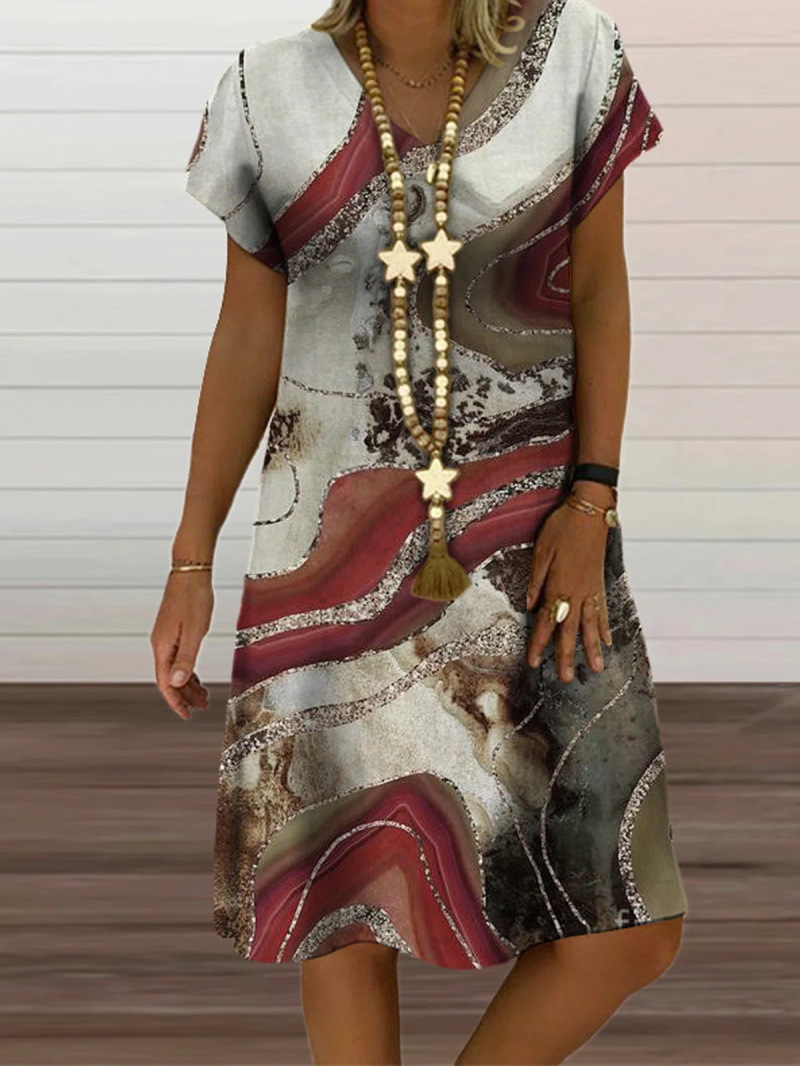New V-Neck Short Sleeve Vintage Print Loose Dress