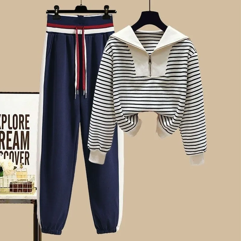 Sports Suit Spring Striped Sailor Collar Zipper Sweater - Black Striped Top And Blue Pan