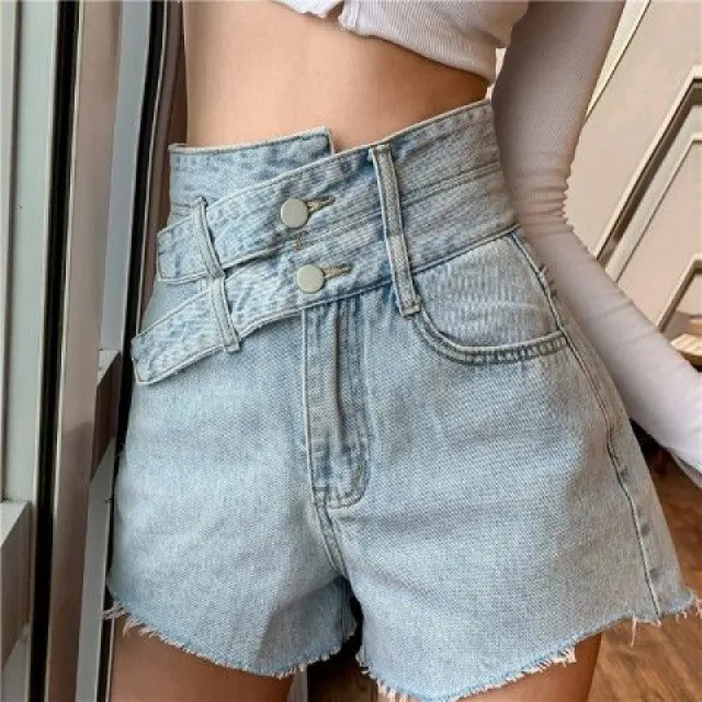 Women's Plus Size Slimming Irregular High Waist Denim Shorts Blue - Shop at LoveMi