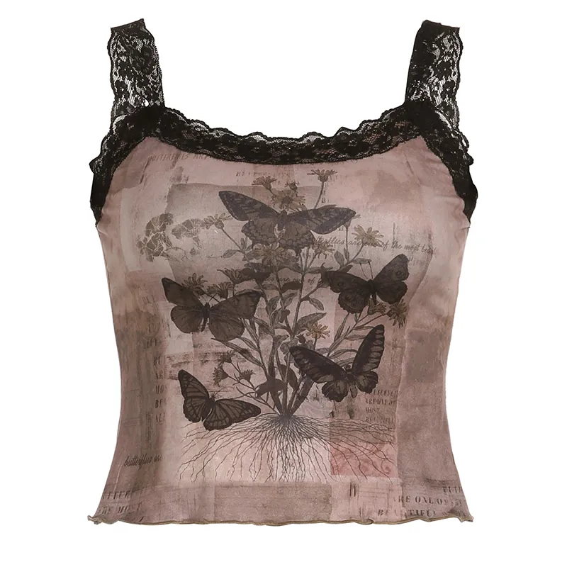 Black Lace Patchwork Sleeveless Top - Brown