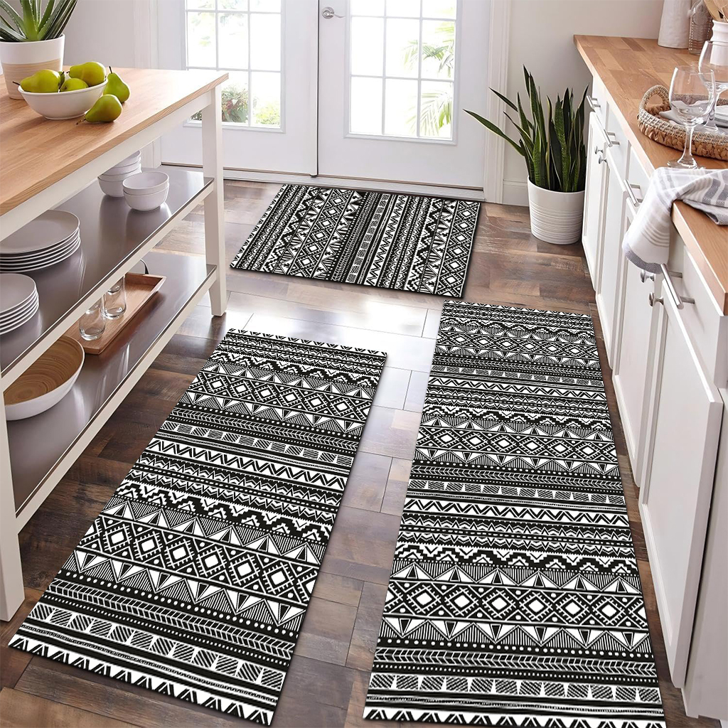 Black And White Geometric Ethnic Style Kitchen Carpet Three-piece Set Fashionable And Cool Artistic Sense Full Of Anti-skid And Stain Resistance Can Also Create A Kitchen Advanced Atmosphere Cashmere- 4
