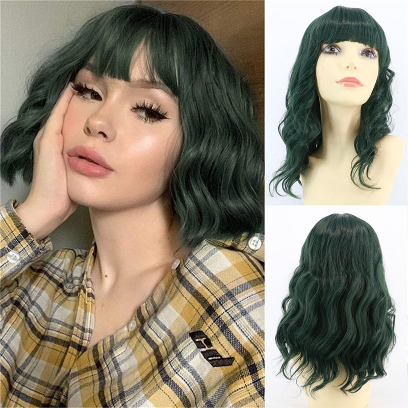 Fashion Ladies Chemical Fiber Air Liu Hai Ripple Wig Head Cover Dark Green - Shop at LoveMi