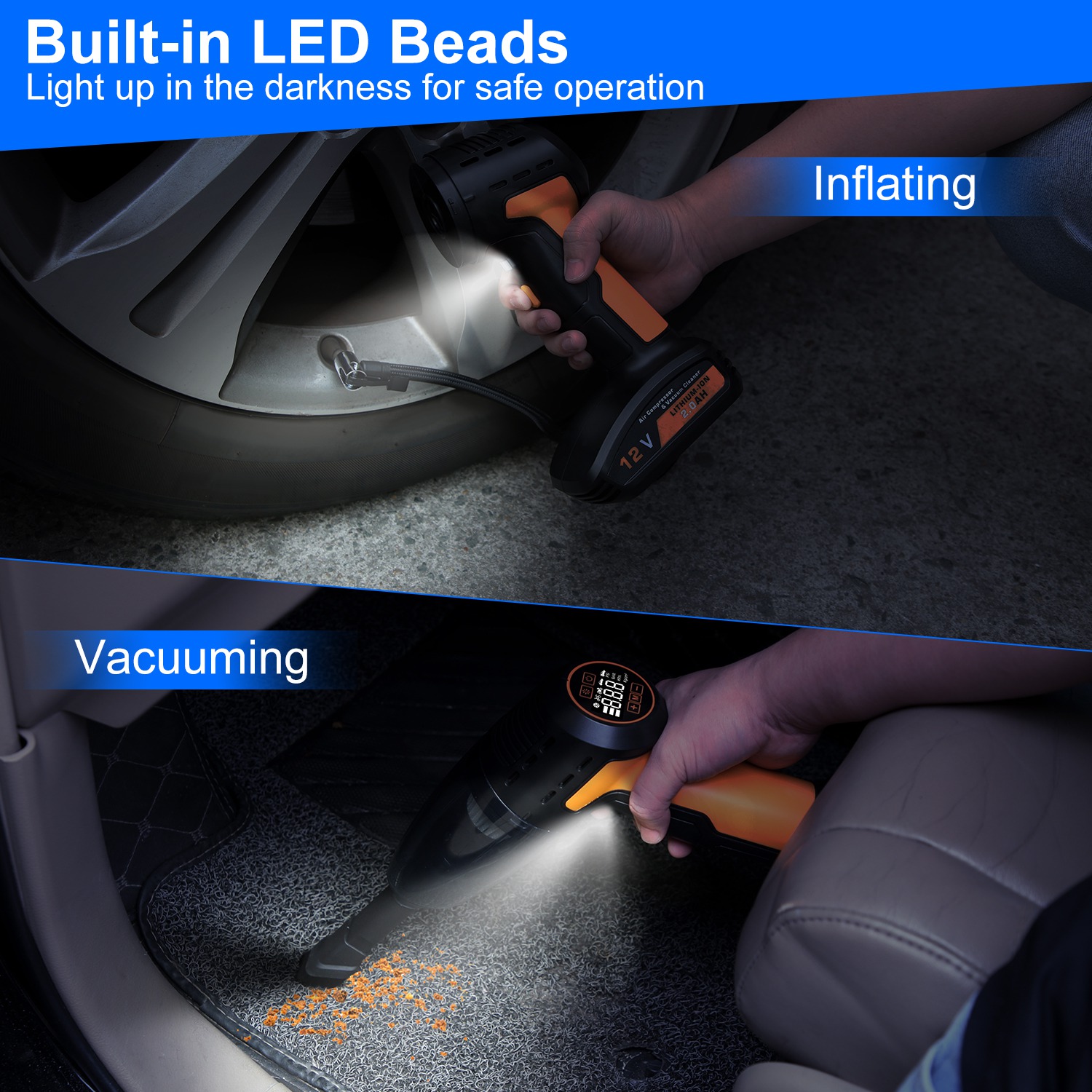 1Pc 4 In 1 Cordless Car Vacuum Cleaner And Tire Inflator With LED Light Digital Display Tire Pressure Gauge 150PSI Rechargeable Air Compressor Pump Essential Car Accessories - Image 3