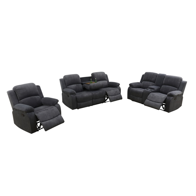 Pickup Only--Dark Grey Corduroy 3-Piece Living Room Recliner Sofa