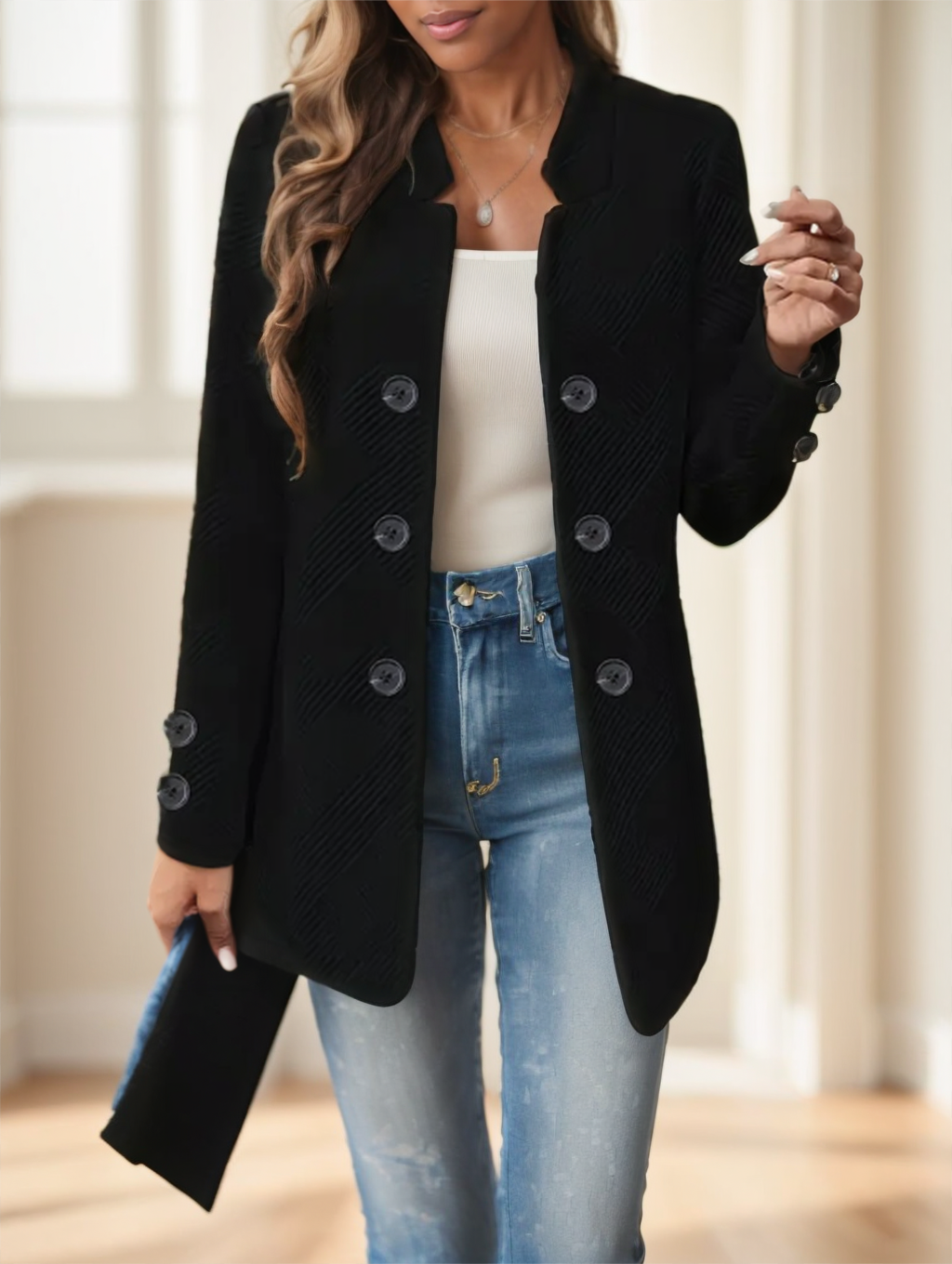 Elegant Plus Size Women'S Casual Knit Polyester Jacket With Double Button Detail And Decorative Pockets