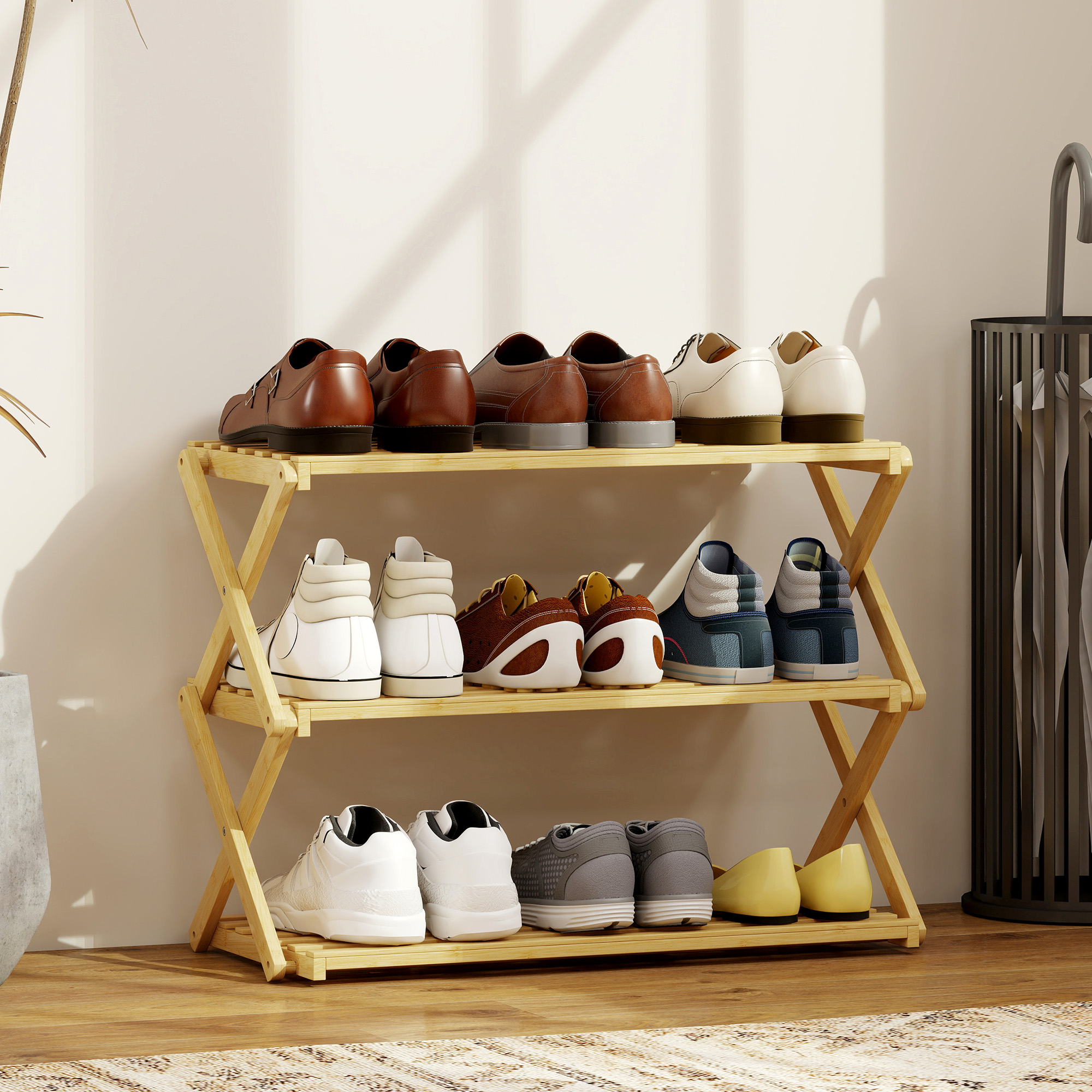Three Layer Folding Bamboo Shoe Rack - Natural Color — image 8