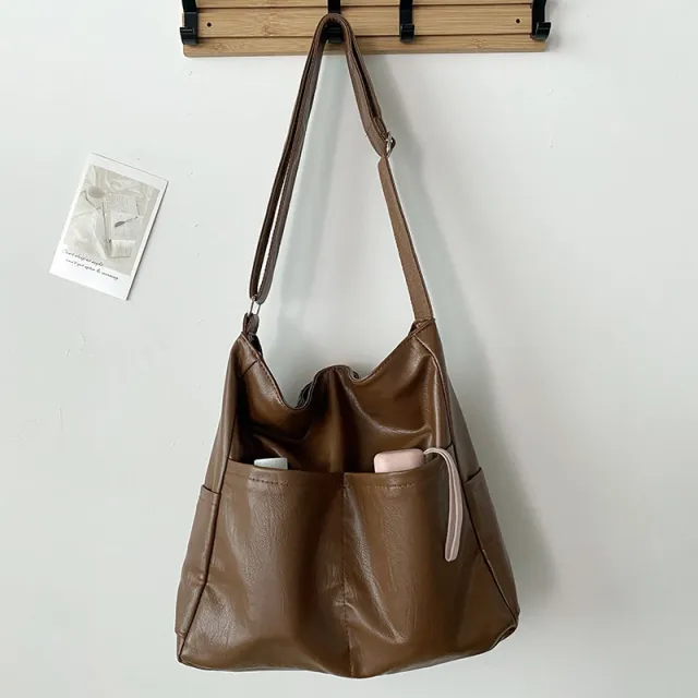 Women's Large Capacity Textured Soft Leather Bucket Bag Red - Shop at LoveMi