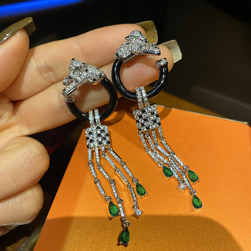 Black Leopard Green Diamond Tassel Earrings
