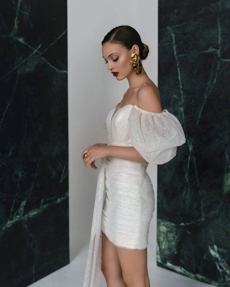 Sequin Puff-Sleeve Short Evening Dress, picture 4 of 5