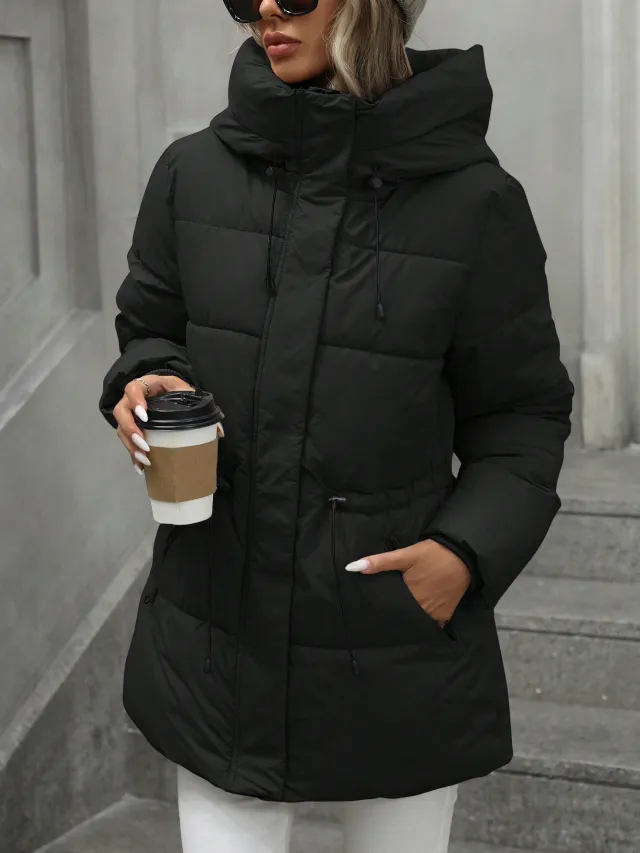 Casual Adjustable Waist Quilted Mid Length Hooded Padded Padded Coat Clothes Winter For Women Black - Shop at LoveMi